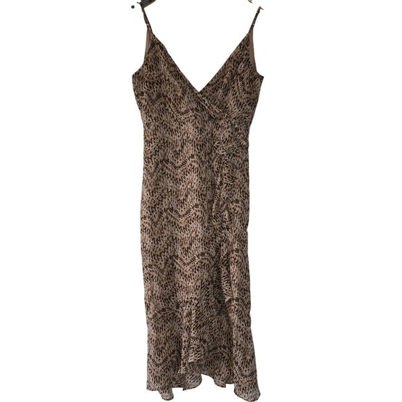 Bardot Ellie Faux Wrap Ruffle Front V-neck V-back Animal Print Midi Dress, Sz 8 - Picture 2 of 10
